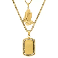 Men's 18k gold plated stsainless steel double layered franco/rope chain with prayer hands & Our Father prayer dog tag pendant with simulated diamonds