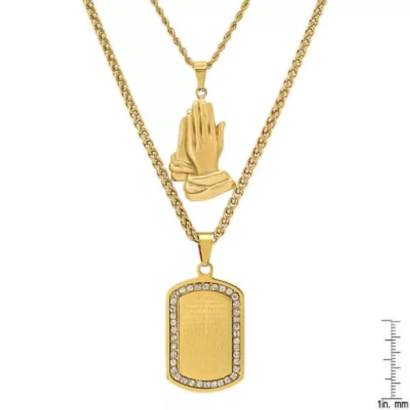 Men's 18k gold plated stsainless steel double layered franco/rope chain with prayer hands & Our Father prayer dog tag pendant with simulated diamonds