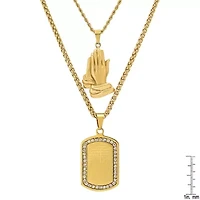 Men's 18k gold plated stsainless steel double layered franco/rope chain with prayer hands & Our Father prayer dog tag pendant with simulated diamonds