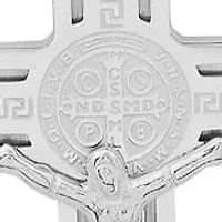 Men's stainless steel cross with St. Benedict pendant with greek key accents
