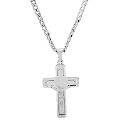 Men's stainless steel cross with St. Benedict pendant with greek key accents