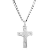 Men's stainless steel cross with St. Benedict pendant with greek key accents