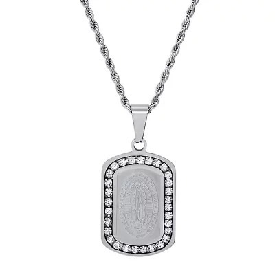 Lab Created Unisex stainless steel and simulated diamonds Our Lady of Guadalupe dog tag pendant
