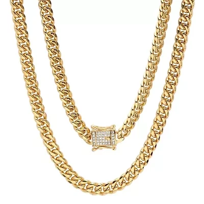 Lab Created Men's 18k gold plated stainless steel Miami Cuban chain necklace with simulated diamond box clasp