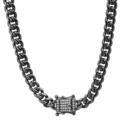 Lab Created Men's gunmetal stainless steel cuban link chain necklace with simulated diamonds clasp