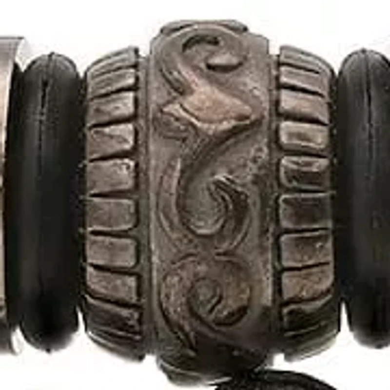 Men's blue braided leather, black rubber, black ip stainless steel and hematited beaded 2pc bracelets set
