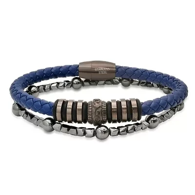 Men's blue braided leather, black rubber, black ip stainless steel and hematited beaded 2pc bracelets set
