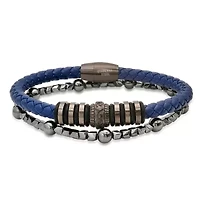 Men's blue braided leather, black rubber, black ip stainless steel and hematited beaded 2pc bracelets set