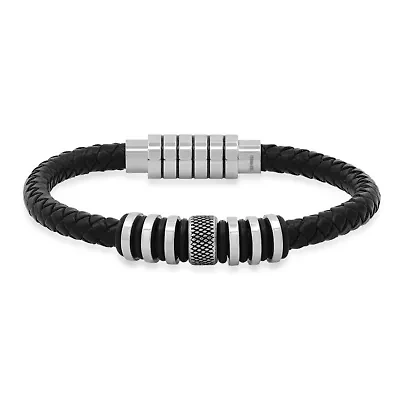 Men's black braided leather and stainless steel beads bracelet