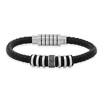 Men's black braided leather and stainless steel beads bracelet
