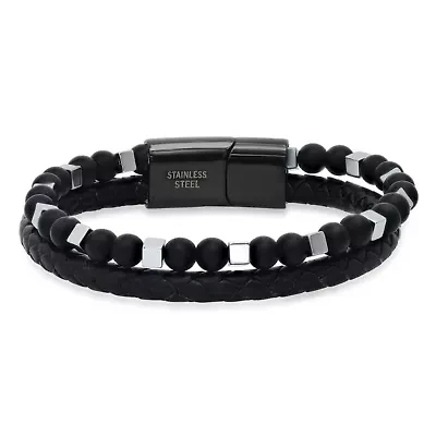 Men's black braided leather/stainless steel and lava beaded double layered bracelet
