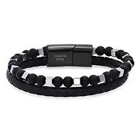 Men's black braided leather/stainless steel and lava beaded double layered bracelet