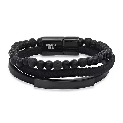 Men's black layered leather/black ip stainless steel and black beads bracelet