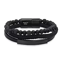 Men's black layered leather/black ip stainless steel and black beads bracelet