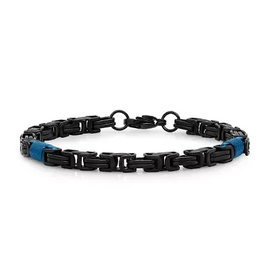 Men's two tone black and blue ip stainless steel byzantine bracelet
