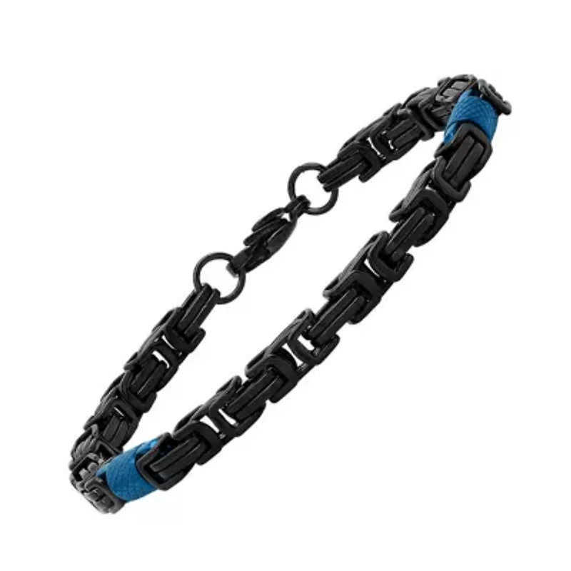 Men's two tone black and blue ip stainless steel byzantine bracelet
