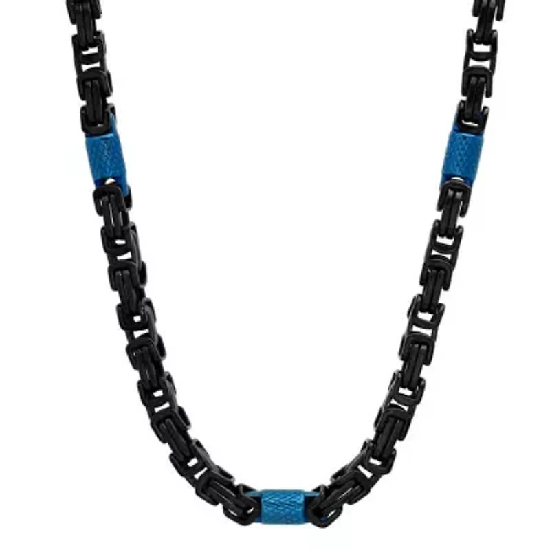 Men's two tone black and blue ip stainless steel byzantine necklace