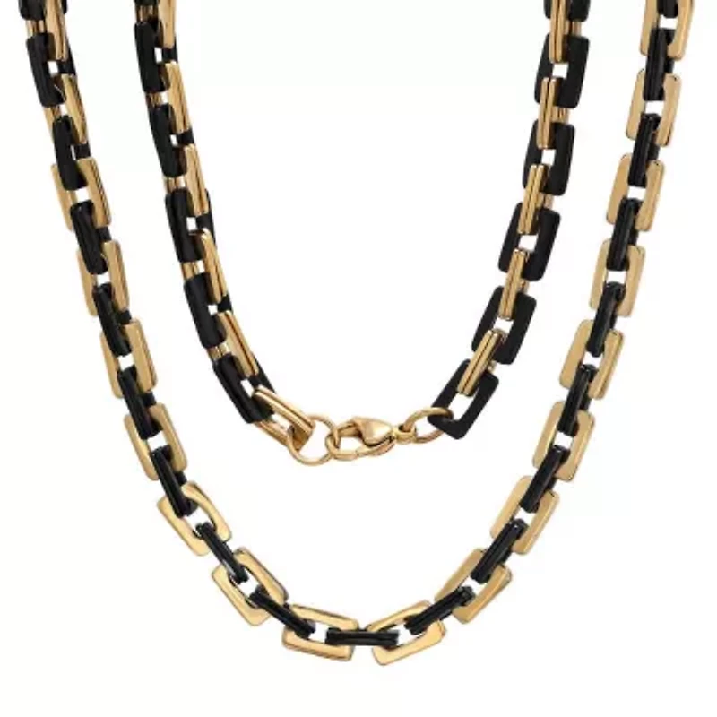 Men's black ip and 18k gold plated stainless steel square rolo chain link necklace