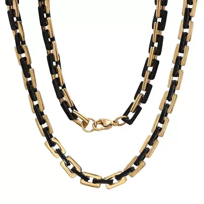 Men's black ip and 18k gold plated stainless steel square rolo chain link necklace