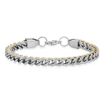 Men's two tone stainless steel and 18k gold plated wheat link bracelet