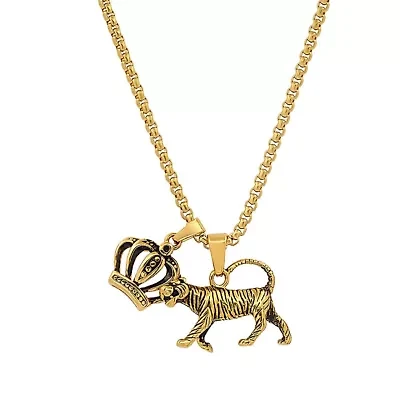 Men's 18k gold plated stainless steel tiger and crown pendant