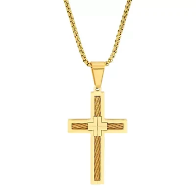 Men's 18k gold plated stainless steel inlay wire cable cross pendant