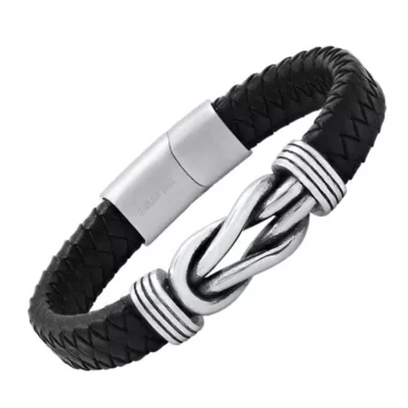 Men's' black braided leather and stainless steel nautical knot bracelet