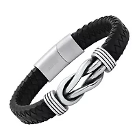 Men's' black braided leather and stainless steel nautical knot bracelet