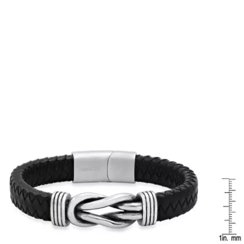 Men's' black braided leather and stainless steel nautical knot bracelet