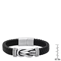 Men's' black braided leather and stainless steel nautical knot bracelet