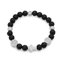 Men's religious beaded bracelet with stainless steel accents