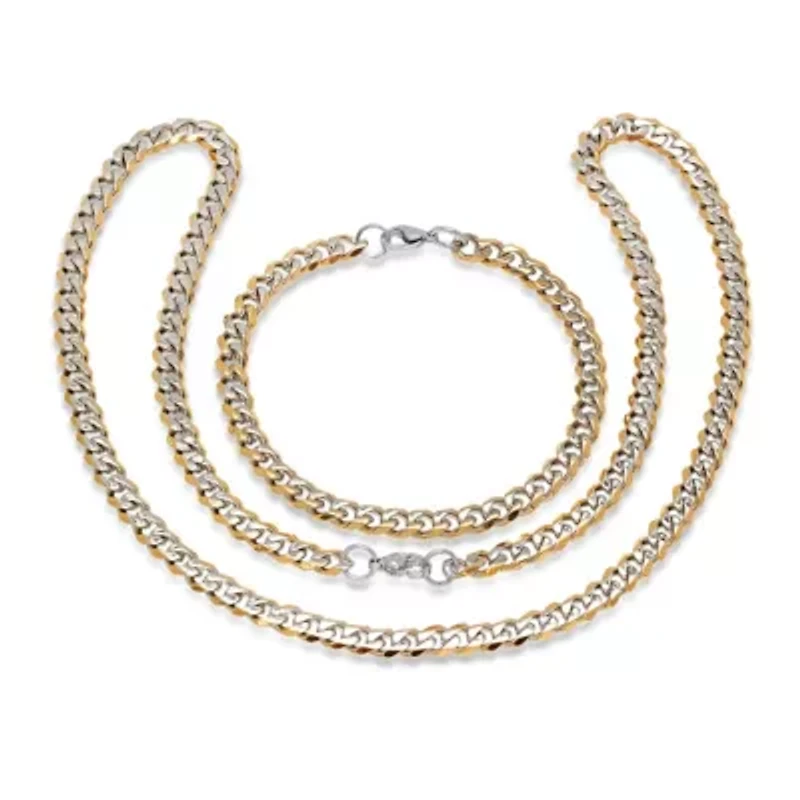 Men's two tone stainless steel and 18k gold plated stainless steel Cuban chain link bracelet and necklace set