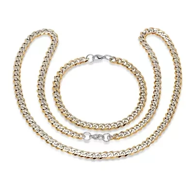 Men's two tone stainless steel and 18k gold plated stainless steel Cuban chain link bracelet and necklace set