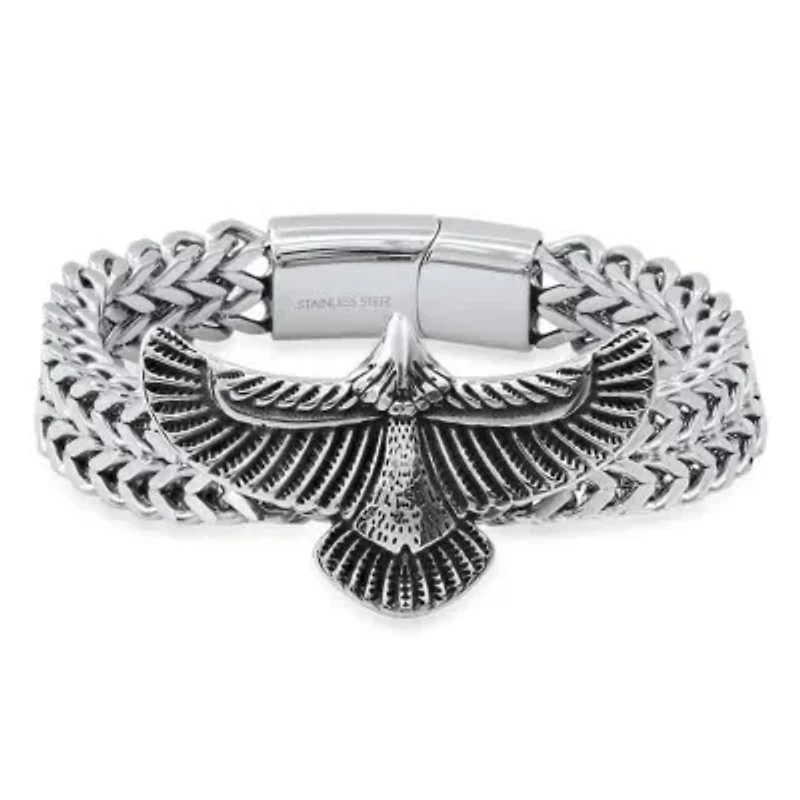 Men's stainless steel double row wheat chain eagle wings bracelet