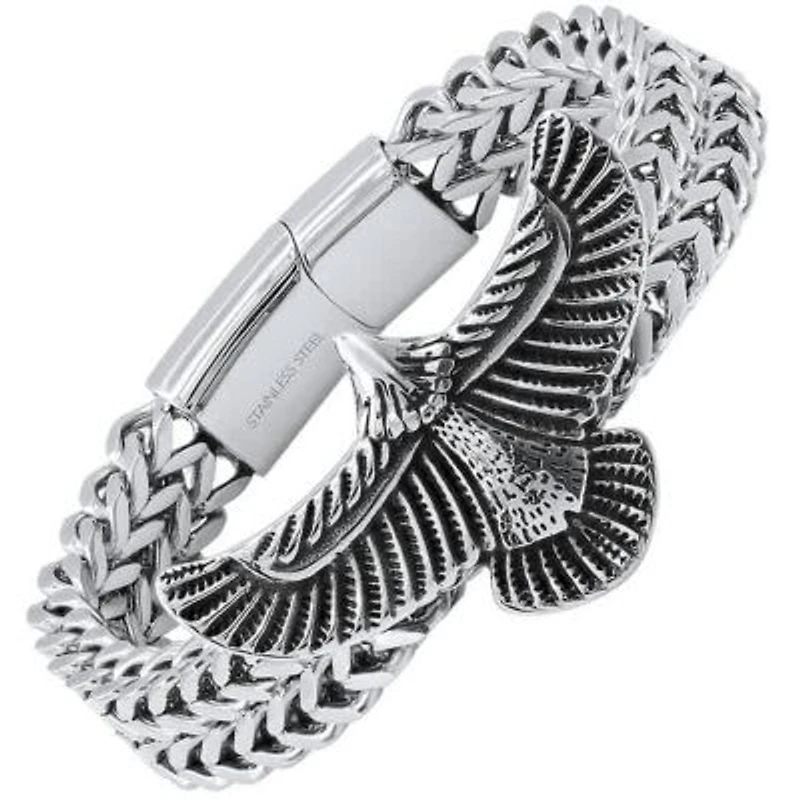 Men's stainless steel double row wheat chain eagle wings bracelet