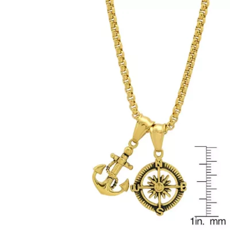 Men's 18k gold plated stainless steel anchor and compass pendant