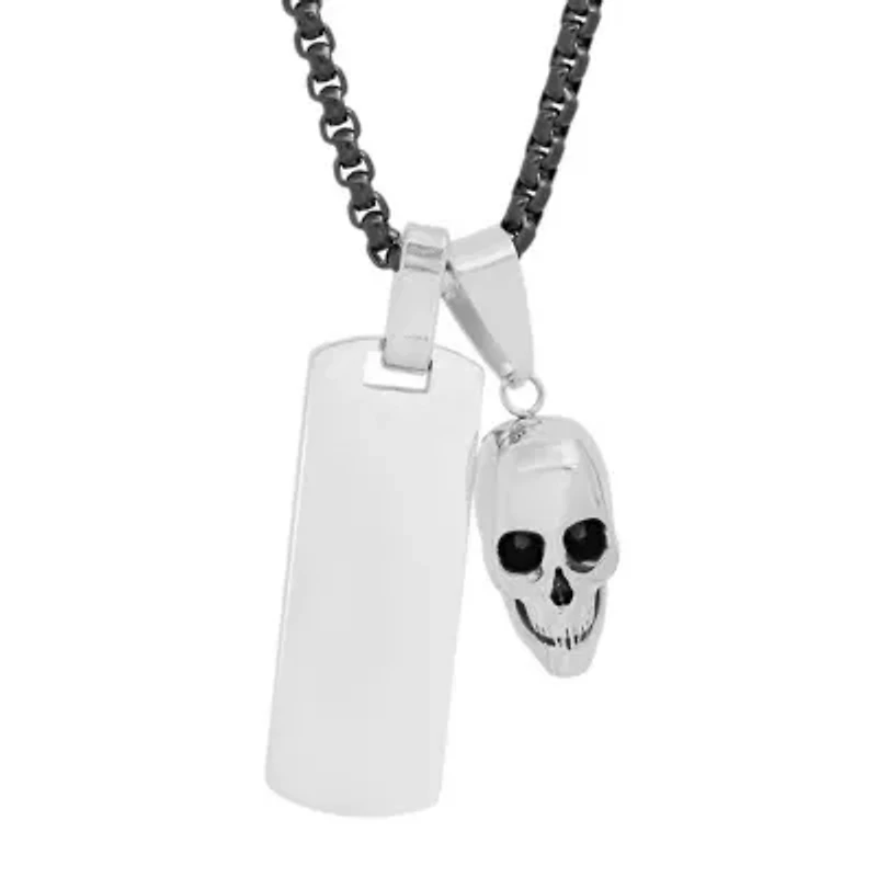 Men's two tone black ip & stainless steel dog tag/skull pendant