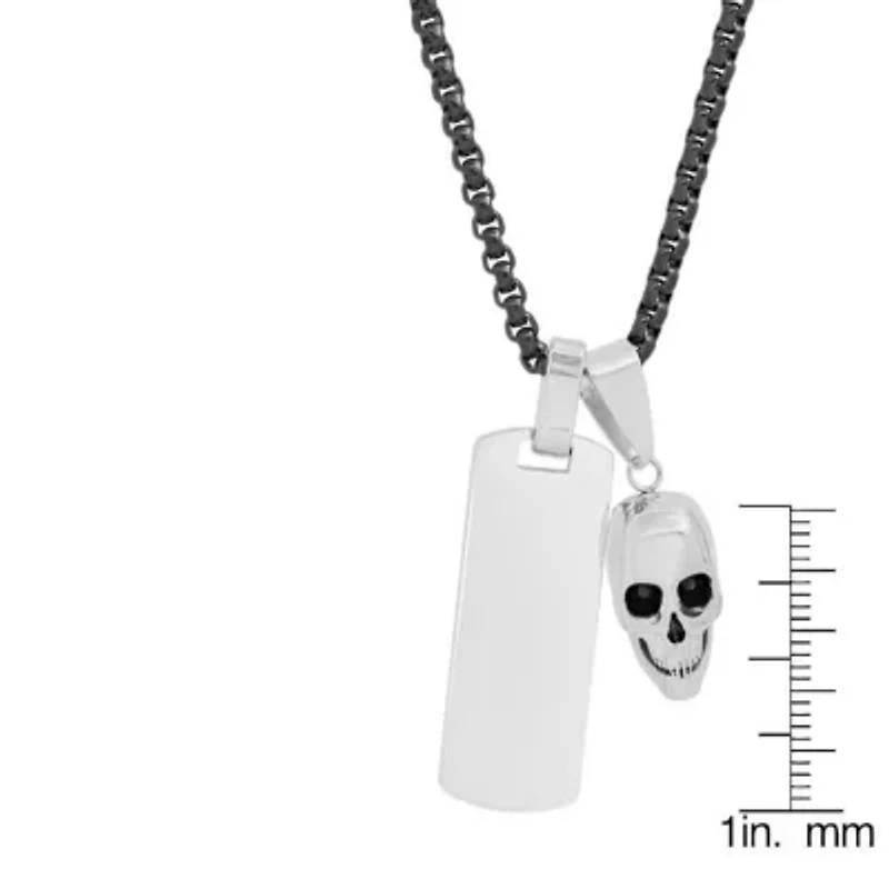 Men's two tone black ip & stainless steel dog tag/skull pendant