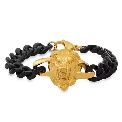 Men's two tone black ip and 18k gold plated stainless steel cuban link lion head bracelet
