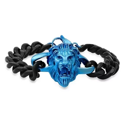 Men's two tone black & blue ip stainless steel cuban link lion head bracelet