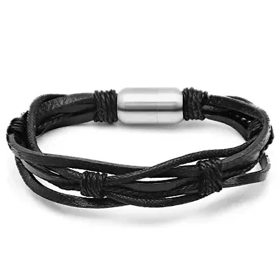 Men's black leather bracelet