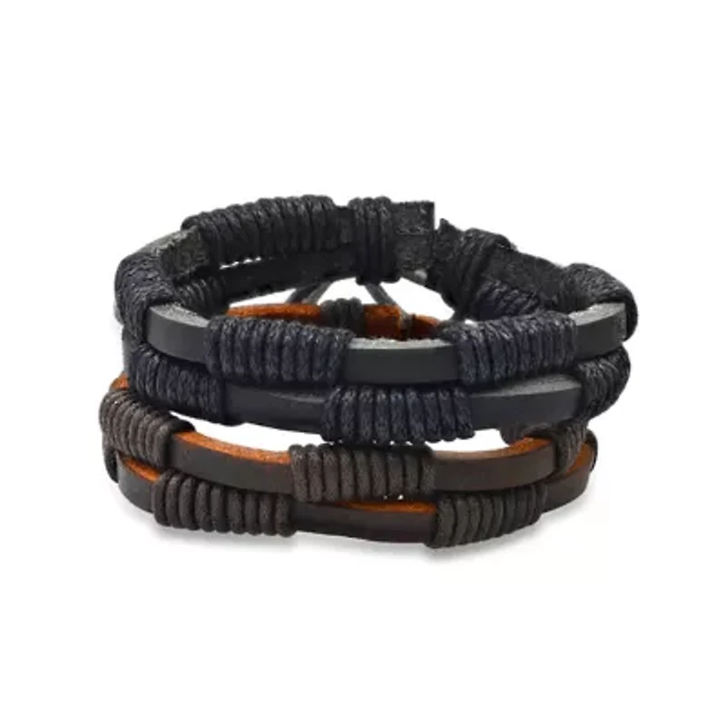 Men's 2pc genuine braided black and brown leather drawstring bracelets