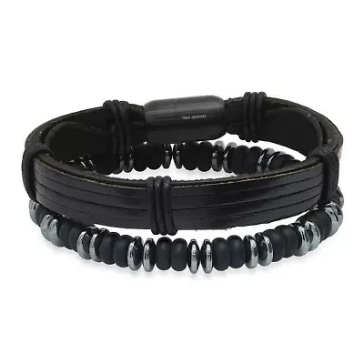 Men's black leather/black ip stainless steel and hematite/lava beaded 2pc set bracelets
