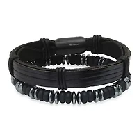 Men's black leather/black ip stainless steel and hematite/lava beaded 2pc set bracelets