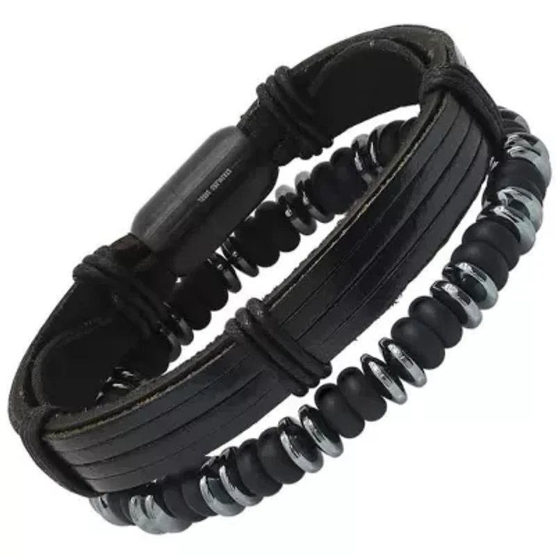 Men's black leather/black ip stainless steel and hematite/lava beaded 2pc set bracelets