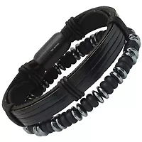 Men's black leather/black ip stainless steel and hematite/lava beaded 2pc set bracelets