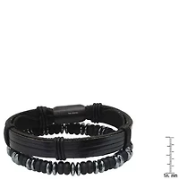 Men's black leather/black ip stainless steel and hematite/lava beaded 2pc set bracelets