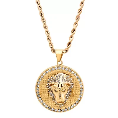 Men's 18k gold plated stainless steel lion head pendant on rope chain