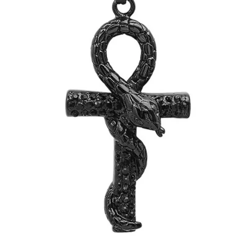 Men's black ip stainless steel and black cz snake cross pendant