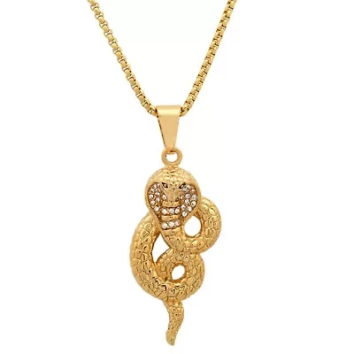 Lab Created Men's 18k gold plated stainless steel and simulated diamonds cobra pendant